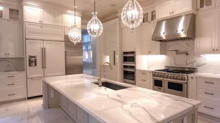 A sophisticated transitional kitchen with white marble countertops