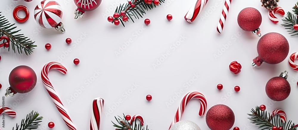 Poster a frame created from festive christmas decorations like balls bows and candy canes on a white backdr