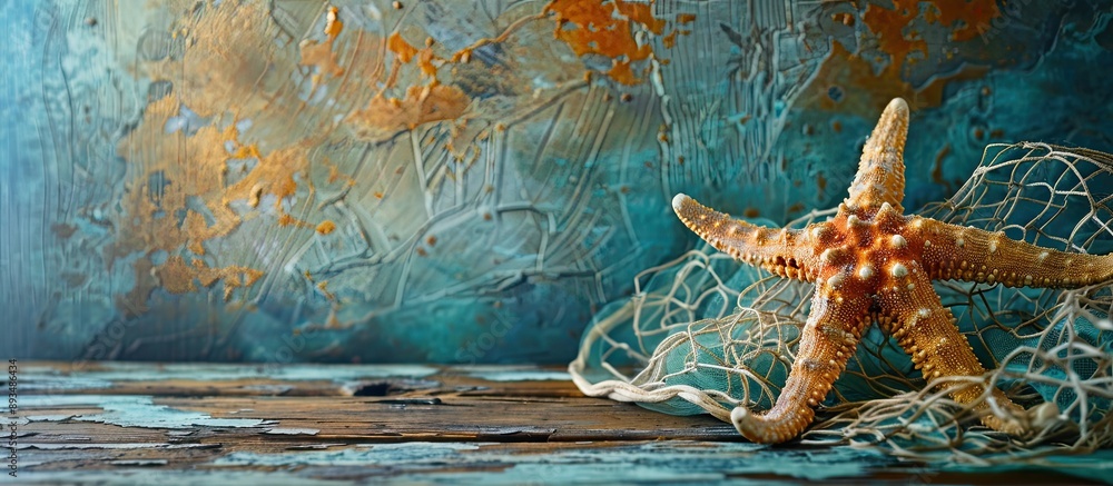 Poster A still life of a summer ocean scene featuring a starfish and fishing net on a backdrop with space for additional images