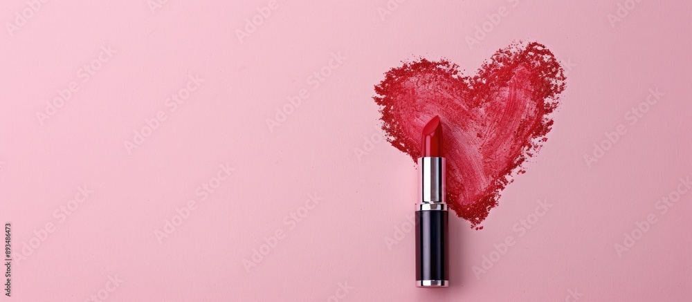Poster valentine s day concept with a heart drawn using red lipstick on a pink background ideal for a copy 