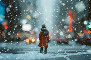 Obraz premium A mini figure commuting through a snowy cityscape, bundled up in a coat and scarf 