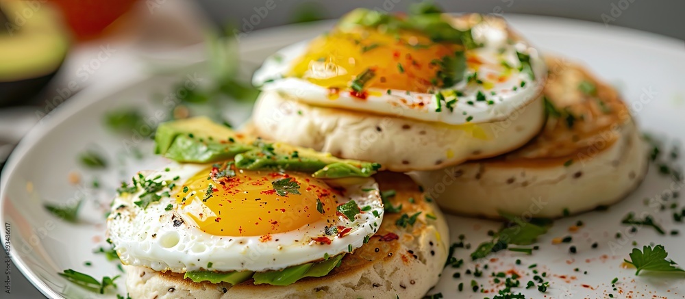 Poster copy space image featuring a breakfast concept with fresh homemade english muffins topped with avoca