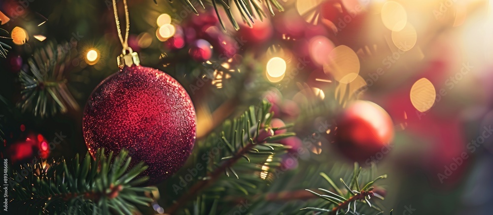 Aufkleber Close up of a red Christmas ball and toys on a Christmas tree with a blurred background perfect for copy space image