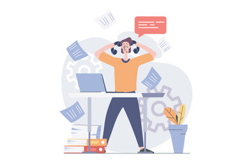 Business activities concept in modern flat design for web. Overworked businessman doing paperwork analysis in office, getting challenge at workplace and working with documents. Vector illustration.