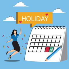 Holiday calendar with happy businesswoman concept vector illustration, holiday planning schedule, company holiday for employee, relax after work, employee appreciation day or long holiday