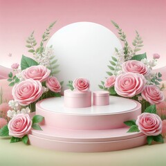 Naklejka premium Podium background flower rose product pink 3d spring table beauty stand display nature white. Garden rose floral summer background podium cosmetic valentine easter field scene gift purple day romantic