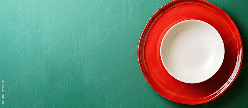 Poster ceramic white plate placed on a red plate on a green backdrop creating a food themed copy space imag