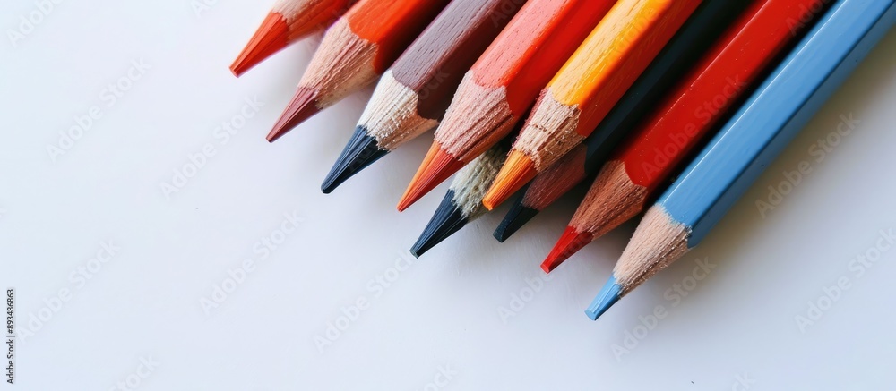 Poster Close up view of various colored pencils on a white background creating a composition with copy space image