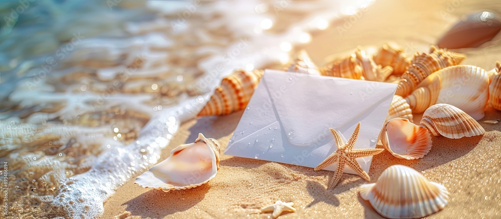 Aufkleber seashells on sandy beach background with white envelope for text on copy space image