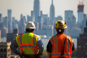 Obraz premium Transit workers in reflective vests and hard hats taking a break to admire Manhattan skyline in New York City