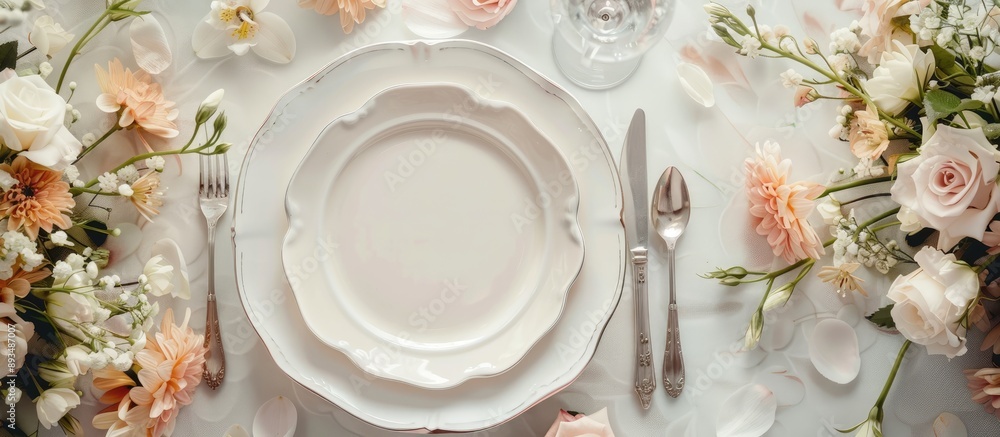 Poster A chic table arrangement featuring a pristine white plate surrounded by silver cutlery and delicate flowers creating an elegant composition with copy space image