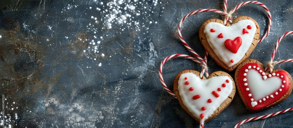 Poster Heart shaped cookies with red and white twine decorations for the holidays on a background with empty space for writing like a banner. copy space available