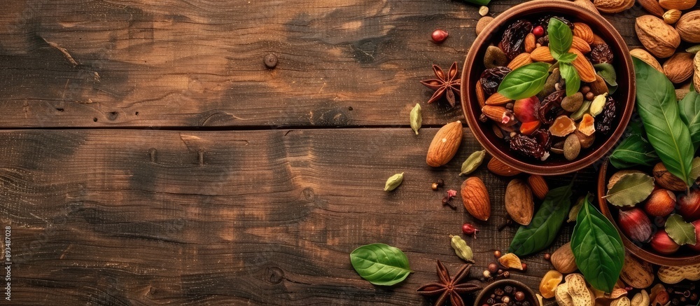 Aufkleber Top view of dried fruits nuts in bowl with copy space image on a wooden table garnished with green leaves aromatic spices in a professional food photo session studio setting