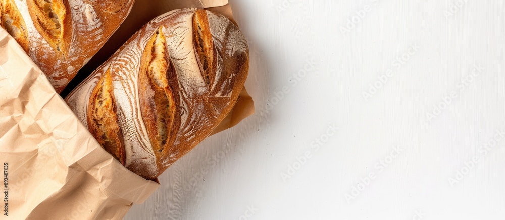 Poster Top view of a bread filled paper bag on a white background with space for text in the image. copy space available