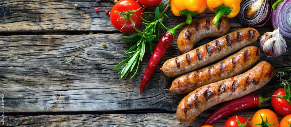 Poster Grilled sausages and vegetables with a blank area for adding text in the image. copy space available