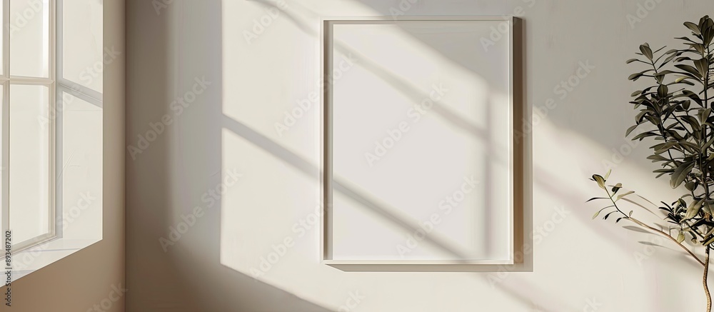 Poster Modern portrait metal frame mockup on wall with window shadow clean minimal white picture frame mockup in a simple setting with a copy space image