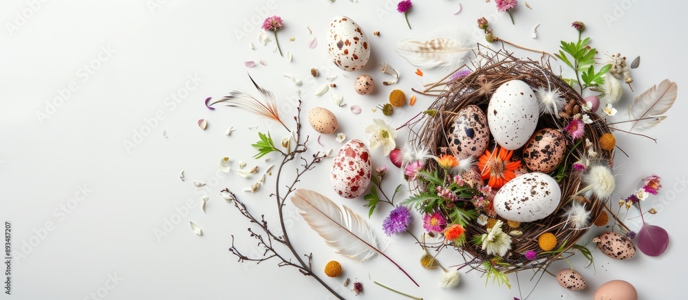 Poster easter themed nest with eggs feathers flowers on white background for a joyful easter celebration se