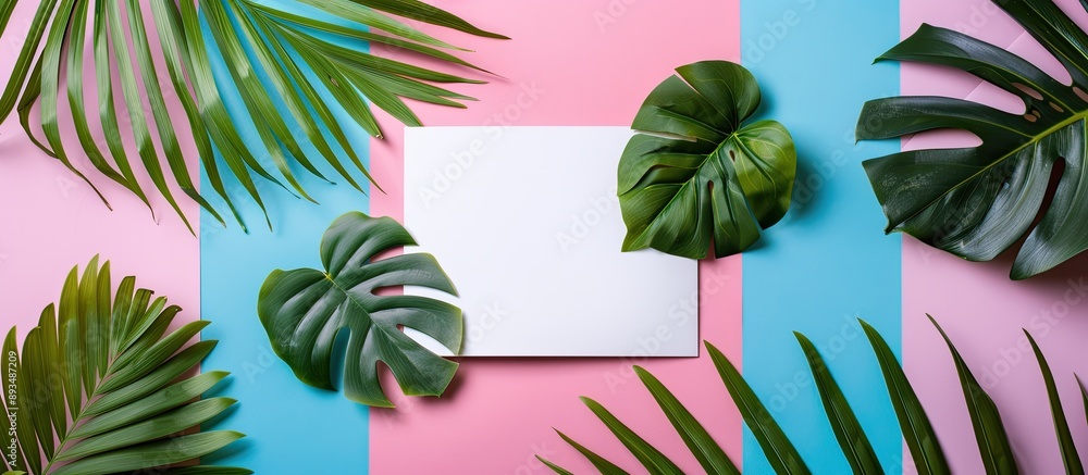 Poster tropical leaves placed with a blank card on a colorful backdrop ideal for copy space image