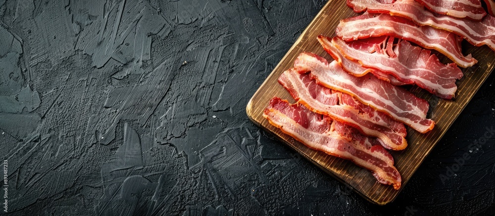 Poster Sliced smoked pork bacon on wooden tray against a black background viewed from the top with ample copy space image