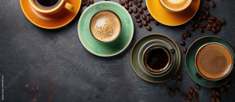 Poster morning coffee options like espresso or americano with a backdrop of various coffee grains on the ta