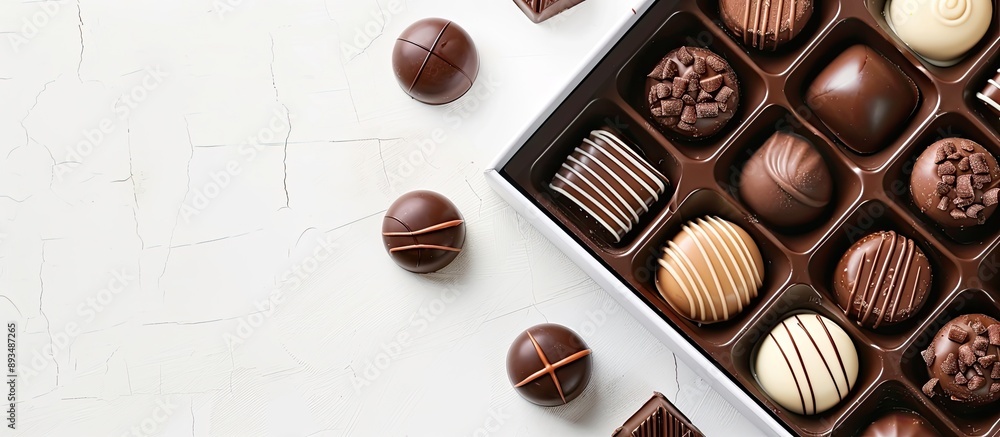 Poster a selection of chocolate candies presented in a box against a white backdrop with room for text in t