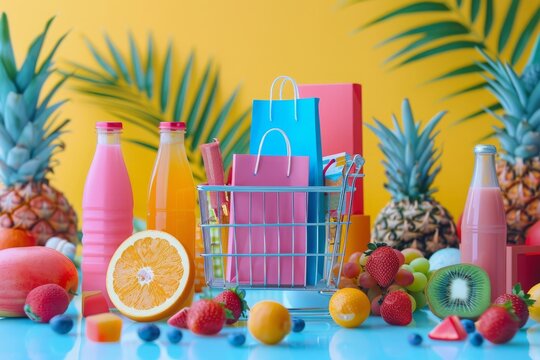 Vibrant shopping composition with a mini cart full of bags among tropical fruits and beverages, Concept of fresh grocery shopping and healthy eating