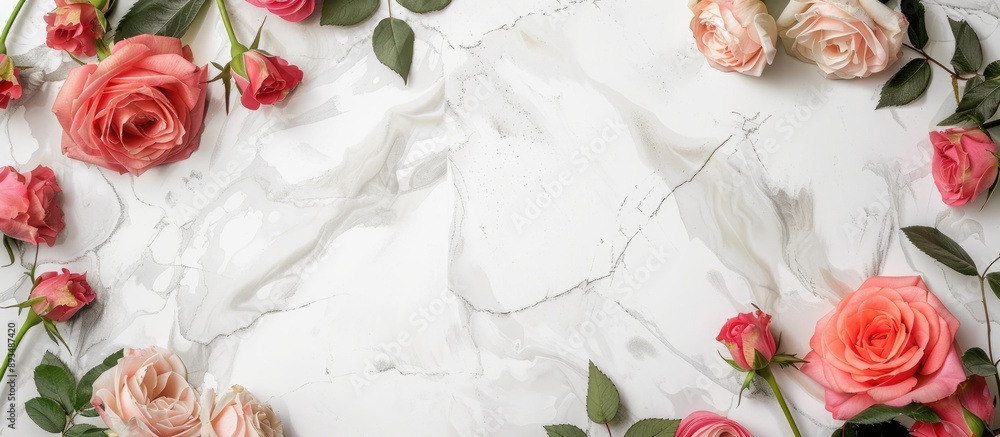 Fototapete top view flat lay of a congratulatory frame adorned with roses and leaves on a white marble backdrop
