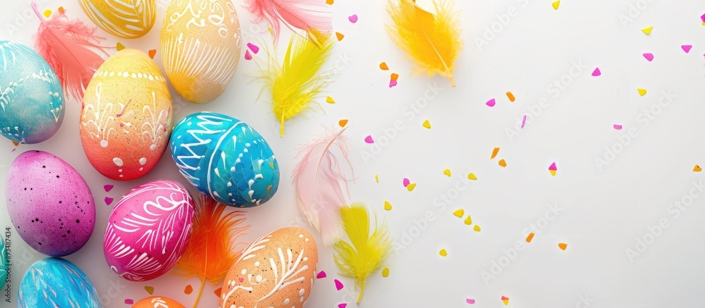 Poster easter holiday themed flat lay with colored handmade eggs painted with feathers on a white backgroun