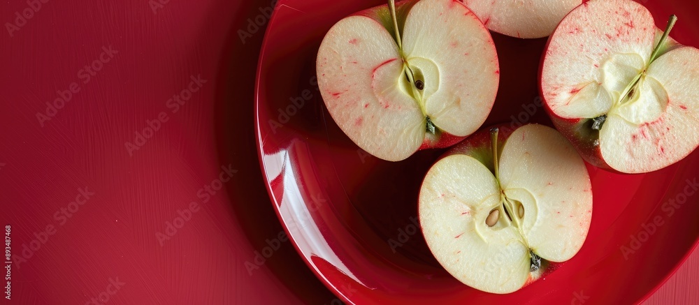 Poster photograph showcasing slices of malay apple and guava on a plate against a red background with room 
