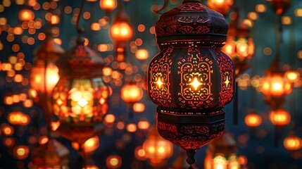 A beautifully decorated lantern with traditional patterns and symbols, floating amidst a sea of other glowing lanterns.