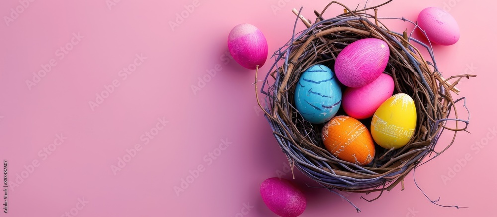 Poster Vibrant Easter eggs nestled in a nest on a soft pink backdrop creating a simplistic holiday setting with copy space image