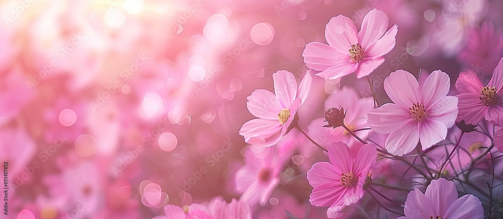 Aufkleber In a botanical garden a charming display of pink cosmos flowers blooms and sways in the autumn backdrop providing an attractive copy space image