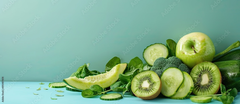 Poster green fresh fruits and vegetables arranged in a composition on a blue backdrop with copy space image