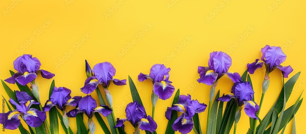 Fototapete top view of purple irises set against a yellow background ideal for greeting card designs with room 