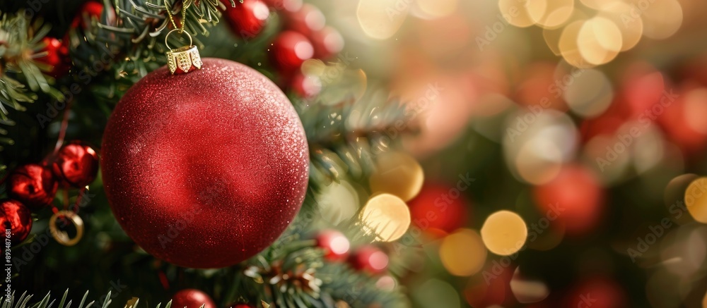 Aufkleber close up of a red christmas ball and toys on a christmas tree with a blurred background perfect for 