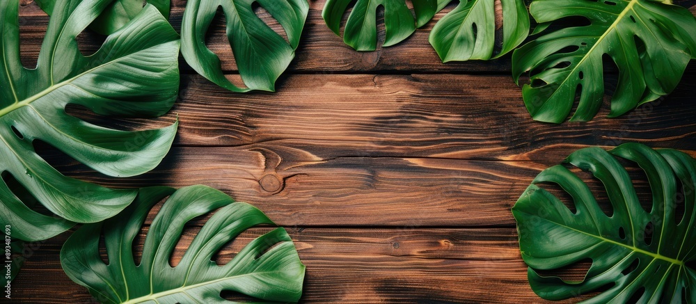 Poster Top down view of Monstera leaves on a wooden surface in a summery setting with space for additional elements in the image