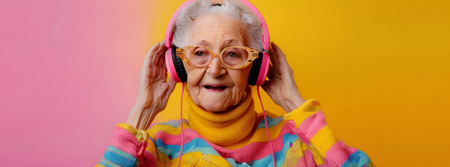 Fototapeta premium Studio portrait of eccentric elderly woman listening to music on headphones, colorful pink and yellow background