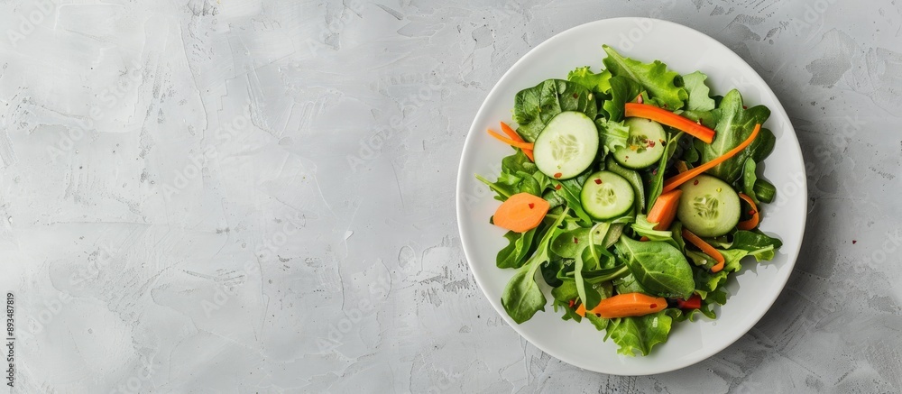 Poster Minimalist style photo of a green salad with cucumbers and carrots on a white plate against a grey backdrop with a horizontal orientation and space for text. copy space available
