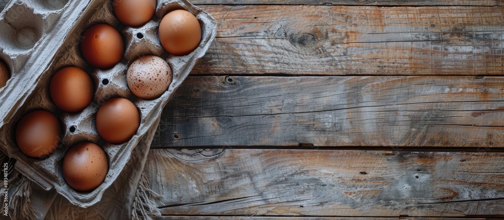 Poster close up of chicken eggs in an egg box on a vintage wooden background with copy space image