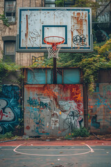 a backyard in the bronx with a basketball court and walls with graffitis