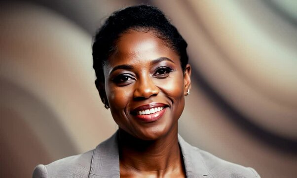 Close-up portrait video of a satisfied Nigerian woman in her 40s wearing a classic blazer against an abstract background 
