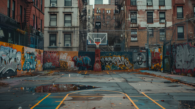 a backyard in the bronx with a basketball court and walls with graffitis - Powered by Adobe