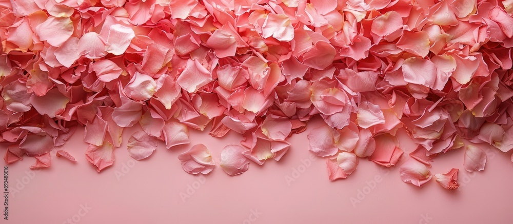 Poster A crumpled pink wedding background adorned with rose petals seen from above creating a romantic setting with copy space image