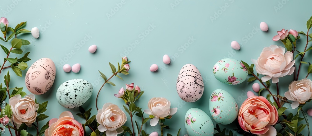 Poster Square image with Easter decorations and a composition featuring flowers pastel colored Easter eggs against a mint background in a flat lay view with copy space
