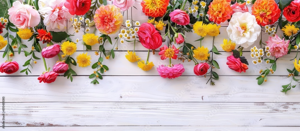 Aufkleber top view floral arrangement on a white wooden surface with a bright and cheerful appearance perfect 