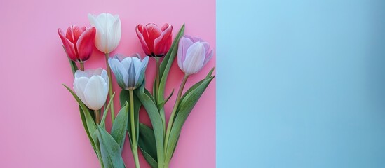 Obraz premium A nature themed copy space image with tulips on a soft pink and blue pastel background symbolizing spring suitable for various occasions like Women s Day Mother s Day Valentine s Day Easter or birthd