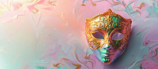 Festive Purim and Mardi Gras background banner design with a golden Venetian carnival mask on a pastel backdrop perfect for a copy space image