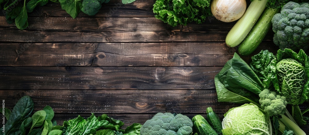 Aufkleber various ripe green vegetables displayed on a wooden backdrop with copy space image available
