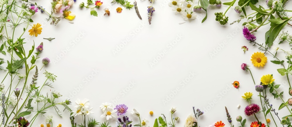 Aufkleber Round frame wreath of spring wildflowers on white background top view flat lay with copy space image