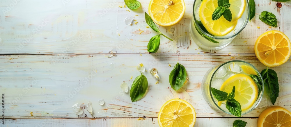 Poster healthy lemonade glasses displayed on a light wooden surface with copy space image